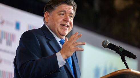 Gov JB Pritzker speaks during a press conference at the Cultural Center in the Loop. He’s joined by other public officials and arts advocates to announce that Chicago will host the 15th International Jazz Day celebration upcoming in April.