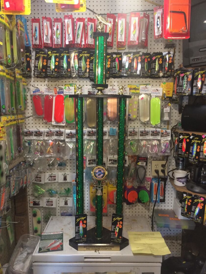 The Coho Classic trophy in Slez’s Bait and Tackle in Lake Station, Ind.<br>Provided