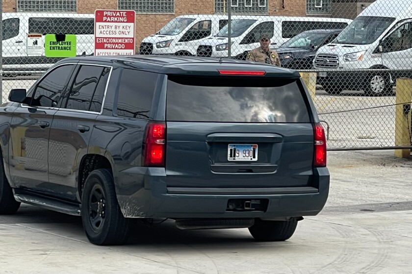 A vehicle driven by Department of Homeland Security officers as part of a federal immigration enforcement “blitz” had digits blacked out on its rear Illinois license plate — an apparent violation of state law. It also was missing its front Illinois plate as it entered the federal immigration processing center in suburban Broadview on October 10.