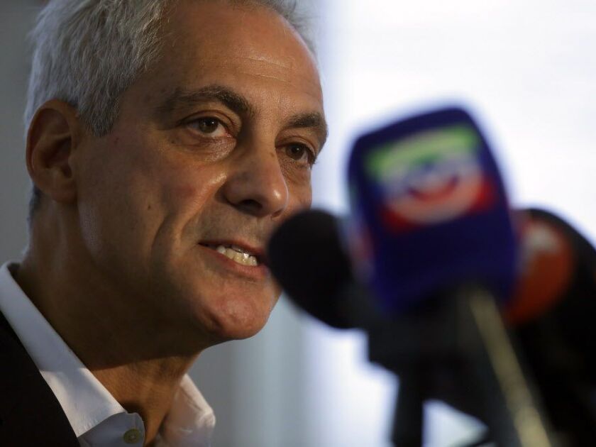 Mayor Rahm Emanuel speaks at a news conference Monday at the Chicago Police Department 6th District station. | Joshua Lott / Getty Images