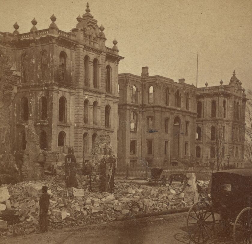 The burned-out Cook County Courthouse after the Great Chicago Fire.
