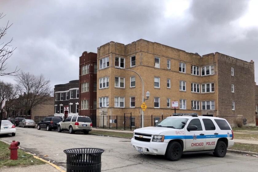 A Chicago police SUV guards the entrance to the 3900 block of West Van Buren Street,