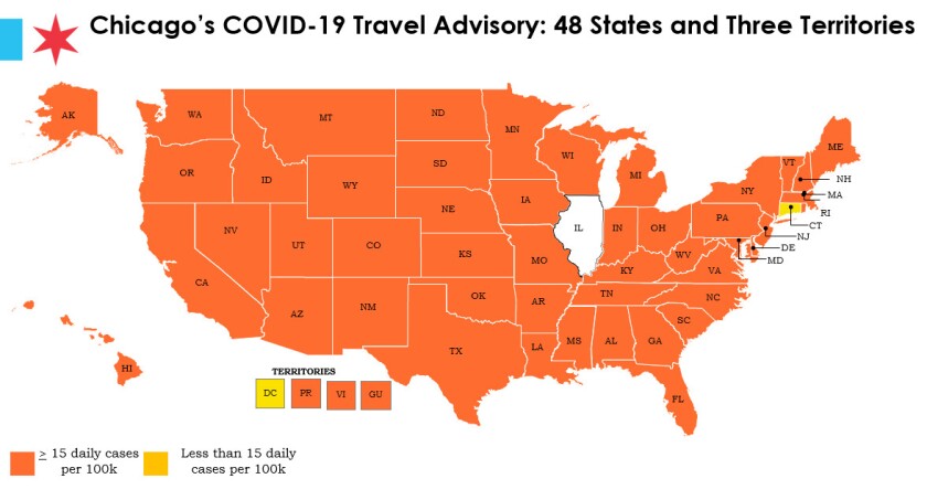 States and territories marked orange are considered COVID-19 hot spots by the city.