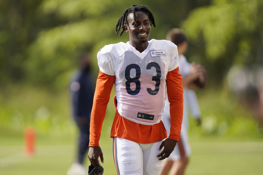 Bears wide receiver Javon Wims walks the field during training camp last week.