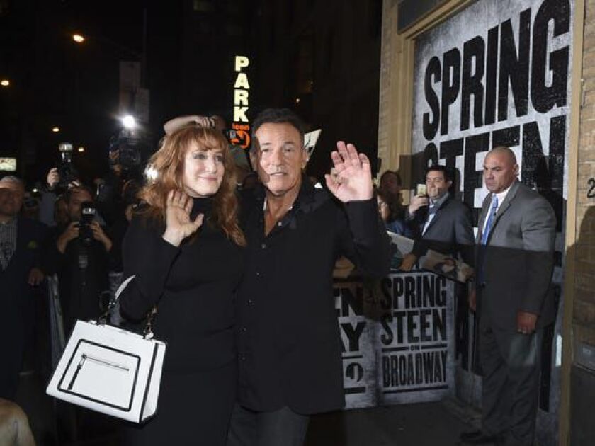 Bruce Springsteen and Patti Scialfa exit after the “Springsteen On Broadway” opening-night performance at the Walter Kerr Theatre in New York on Oct. 12, 2017. 
