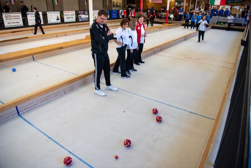 The Canadian Women’s Bocce Ball team practices ahead of the 2019 Women’s Pan American Bocce Championships, Wednesday, Dec. 4, 2019, in Highwood, Ill.