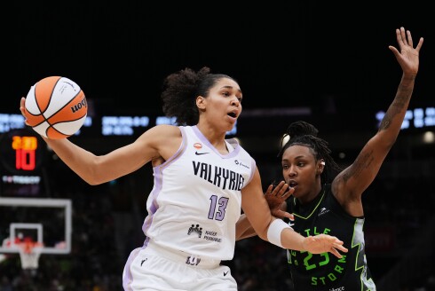 Golden State Valkyries forward Janelle Salaun goes to the basket against Seattle Storm guard Jordan Horston during the first half of a game on Friday, May 8, 2026, in Seattle.