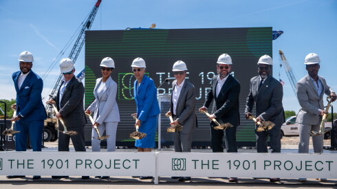 Sports reporter Camron Smith of Chicago Sports Network (left), United Center CEO Terry Savarise, Chicago Department of Planning and Development Commissioner Ciere Boatright, Cook County Board of Commissioners President Toni Preckwinkle, Bulls CEO Michael Reinsdorf, Blackhawks CEO Danny Wirtz, Mayor Brandon Johnson and Ald. Walter R. Burnett (27th) at the groundbreaking ceremony for the 1901 Project.