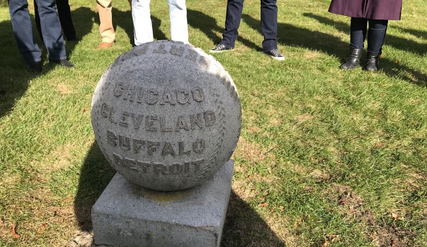 A baseball shaped tombstone for former Cubs owner William Hulbert is in Graceland Cemetery. | Taylor Hartz/Sun-Times