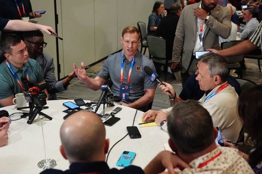 Bears head coach Ben Johnson speaks to reporters at the NFL football annual meetings on Monday, March 30, 2026, in Phoenix.