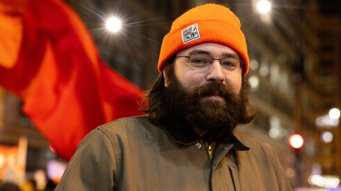 Protester Mitch Winkler marches from Federal Plaza to denounce the U.S. military’s removal of Venezuelan leader Nicolás Maduro and his wife, Saturday, Jan. 03, 2026. | Candace Dane Chambers/Sun-Times.