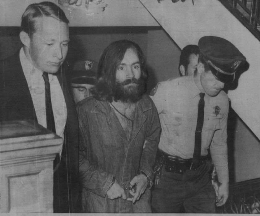 Charles Manson, leader of a cult “family” responsible for the Sharon Tate murders, as he was escorted to court on Dec. 3, 1969, in California.