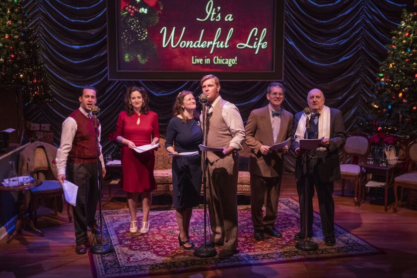 Ian Paul Custer (from left), Dara Cameron, Gwendolyn Whiteside, Brandon Dahlquist, James Joseph and John Mohrlein are shown in the 2019 production of “It’s a Wonderful Life: Live in Chicago!”