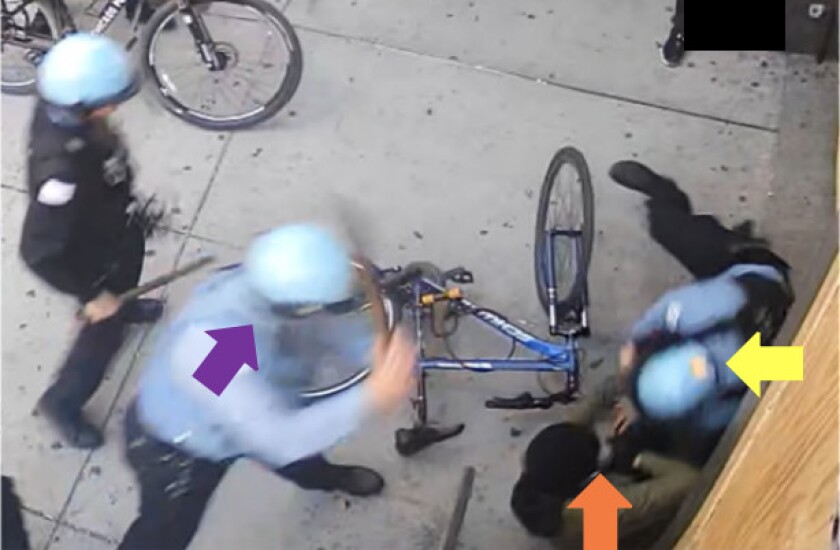 A surveillance image included in a COPA report shows a violent interaction with a protester and police during a demonstration on May 31, 2020, in the 400 block of North Clark Street.