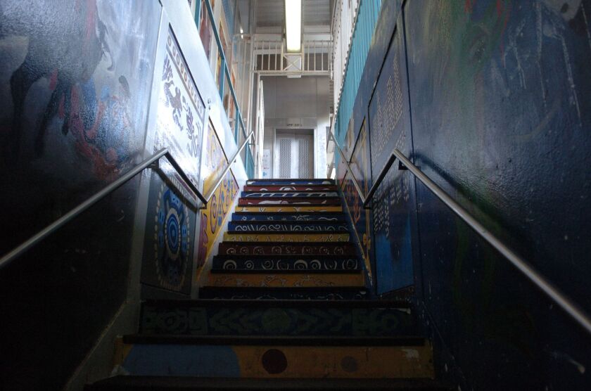 Stairs leading up to the platform at the 18th Street Pink Line station in Pilsen in 2008.