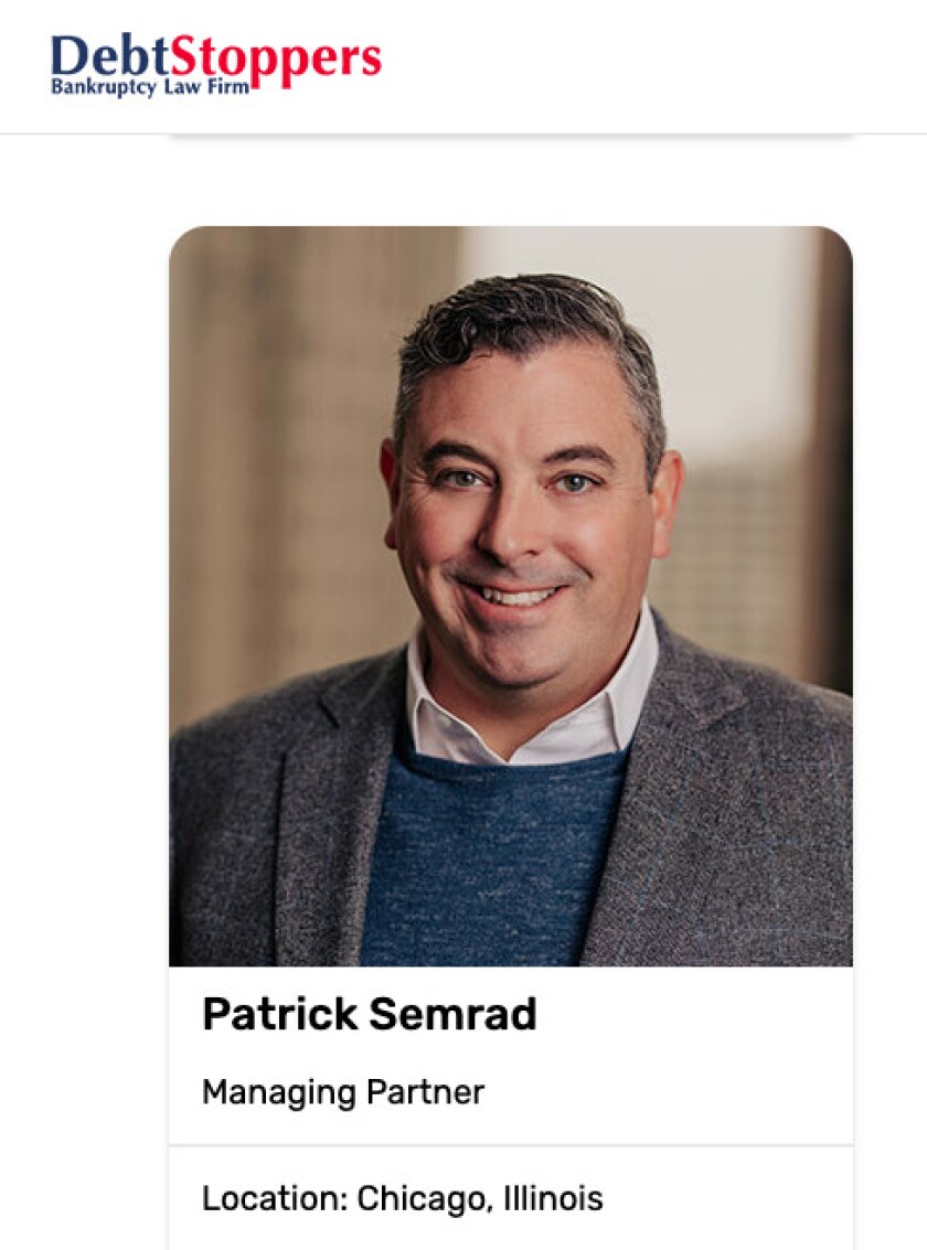 Patrick Semrad, as shown in his bio at DebtStoppers.com.