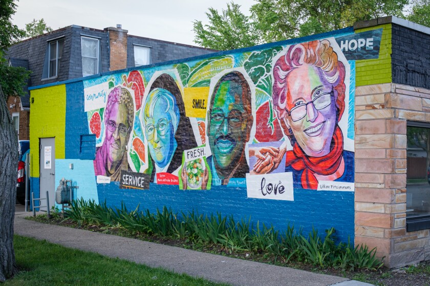 This mural by Damon Lamar Reed is on the Meals on Wheels Northeastern Illinois headquarters in Evanston.