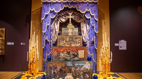 A reinterpretation of a túmulo, or a Mesoamerican-era burial mound, created by Alejandro García Nelo, is part of an exhibit about the Día de Muertos celebration at the National Museum of Mexican Art.