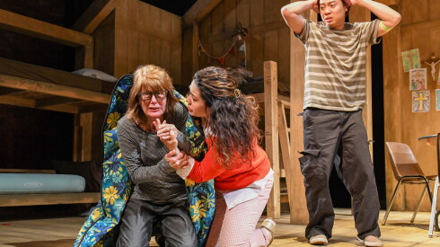 Ensemble Members Natalie West and Sadieh Rifai with Glenn Obrero in A Red Orchid Theatre ’ s world premiere of “The Targeted.”