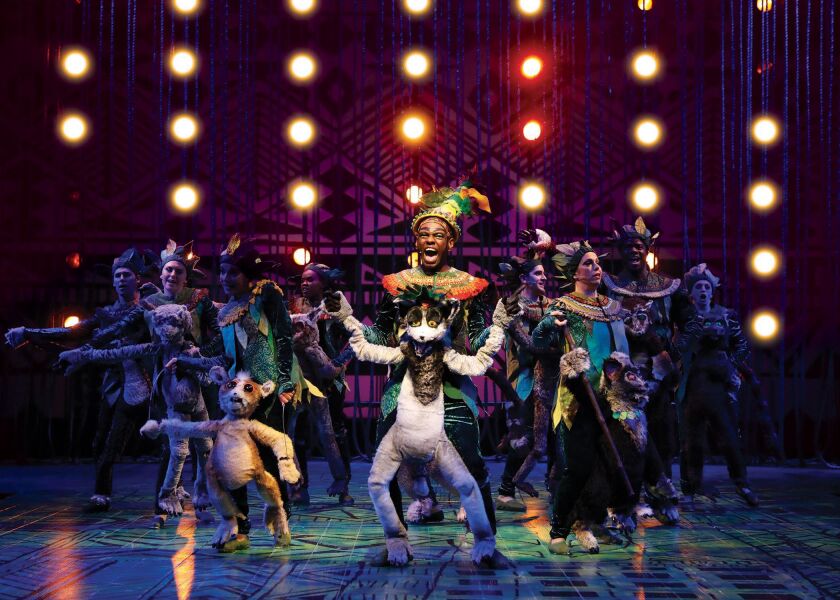 Aaron Holland (center) plays King Julien in “Madagascar – A Musical Adventure,” at the Chicago Shakespeare Theater. | LIZ LAUREN