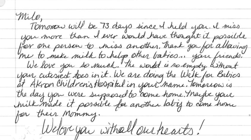 A note that Amanda Horner wrote to her son, Milo, who died as an infant. Horner continued to pump breast milk and donate it to a breast milk bank; she would write notes to Milo and include them with her shipments. | Provided