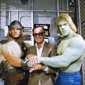 Stan Lee with Lou Ferrigno and Eric Kramer who portray ‘The Incredible Hulk’ and Thor. | AP file photo