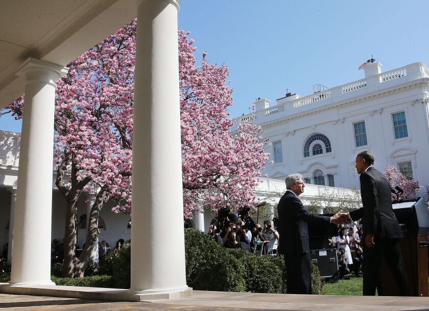 President Barack Obama shakes hands with Judge Merrick B. Garland in the Rose Garden at the White House Wednesday after nominating him to the U.S. Supreme Court. | Mark Wilson/Getty Images