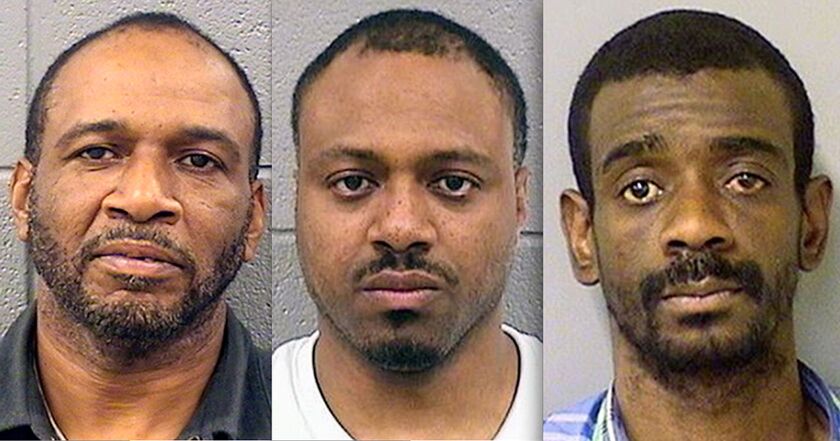 Elgin Lipscomb (from left), Andrew Shelton and Alexander Peebles are charged in the theft of more than 100 guns from a train stopped in a Norfolk Southern rail yard on the South Side in April 2015. | Cook County sheriff’s department