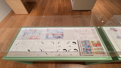 Cartoons in a display case in a museum