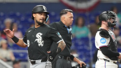 Everson Pereira scores during the Sox' first win of the season Monday in Miami.