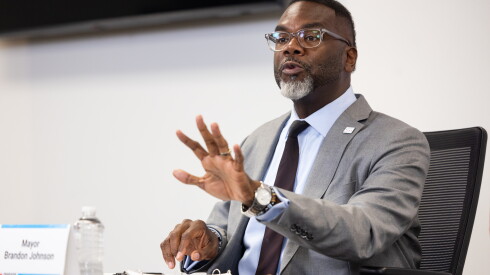 Mayor Brandon Johnson holds a press briefing at City Hall in the Loop, Tuesday, Aug. 4, 2026.