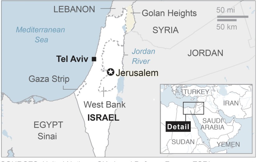 The phrase “From the river to the sea” refers to the Jordan River and the Mediterranean Sea, seen in this map of Israel.