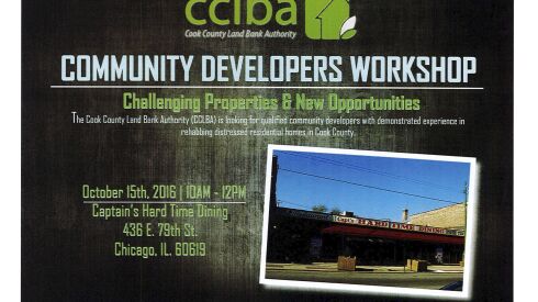 The Cook County Land Bank Authority announcement for a breakfast meeting Oct. 15, 2016, at “Mother” Josephine Wade’s restaurant in Chatham.