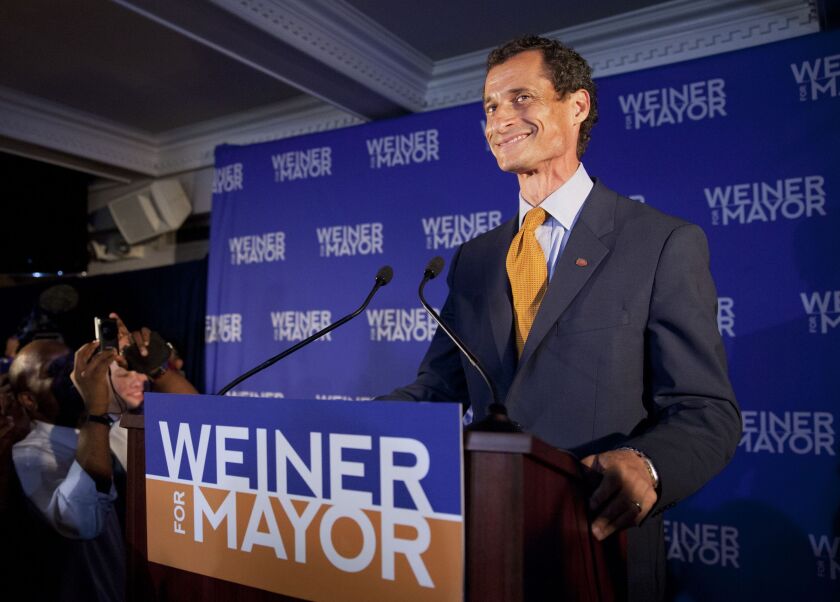 Anthony Weiner makes his concession speech during the New York mayoral election in 2013. | Jin Lee/AP