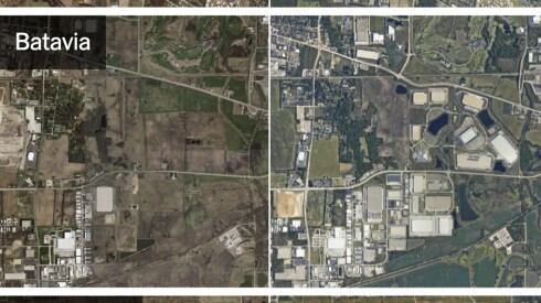 In 2002 (images at left from the U.S. Geological Survey), the far outskirts of the Chicago suburbs were mostly farmland. Today (images at right, from Vexcel), the growing demand for next-day delivery has seen warehouses dominate the landscape.