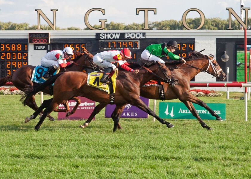 The Pizza Man, ridden by jockey Florent Geeroux, wins the Arlington Million in 2015.