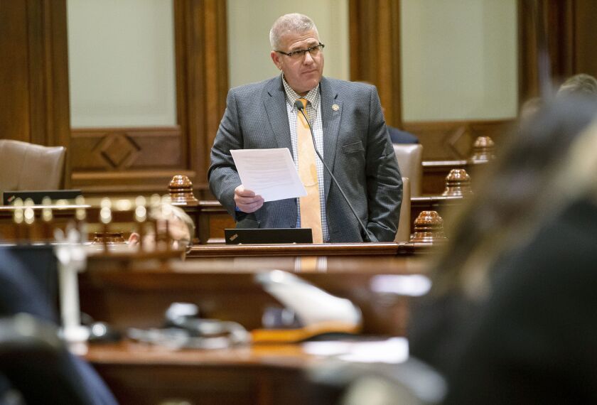 State Sen. Darren Bailey, R-Xenia, gives his remarks on the omnibus energy bill on the floor of the Senate early Wednesday.