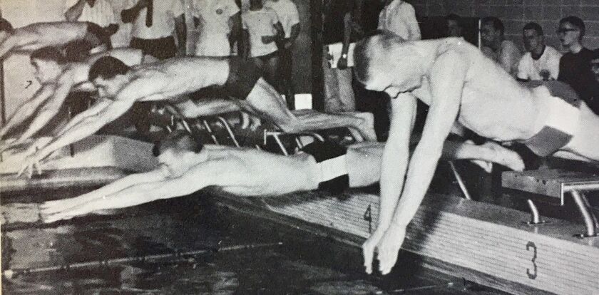 George F. Wendt (far right, in lane 3) competing for Fenwick High School during a 1965 swim meet.