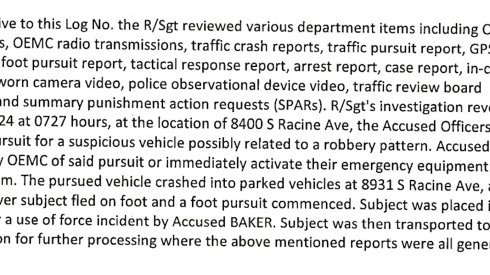 A portion of the Bureau of Internal Affairs report closing the investigation into violations by Officer Carolos Baker's and his partner of the Chicago Police Department's vehicle pursuit policy.