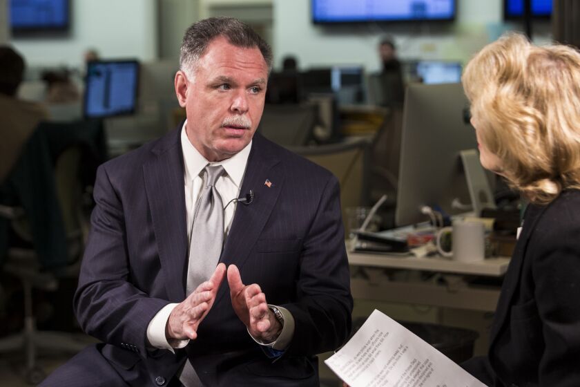 Ex-Chicago Police Supt. Garry McCarthy sits down Thursday for a conversation with reporter Fran Spielman at the Chicago Sun-Times, one day after he formally entered the 2019 race against Mayor Rahm Emanuel | Ashlee Rezin/Sun-Times