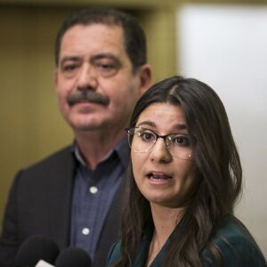 Cook County Commissioner Jesus “Chuy” Garcia and Cook County Board Democratic primary candidate Alma Anaya talk to reporters at City Hall about alleged ethics code violations in the race for the 7th District county commissioner seat, Tuesday,