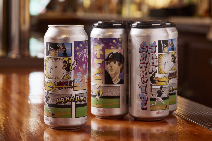 A four-pack of Adams Street Brewery's new Japanese rice lager, Southside Sama, sits on a counter.
