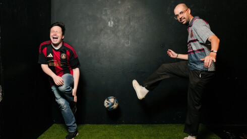 Max Kantor (left) and Ian Mullen are comedians and hosts of “The Soccer Show,” a soccer-themed variety show at the Annoyance Theatre and Bar in Lake View.