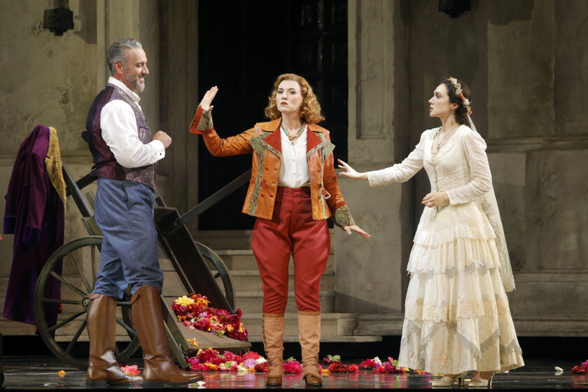 Christian Van Horn, Nina Solodovnikova and Anna El-Khashem star in “Don Giovanni,” running through Nov. 1 at Lyric Opera of Chicago. Van Horn portrays the title character, while Solodovnikova and El-Khashem play Donna Elvira and Zerlina, respectively.