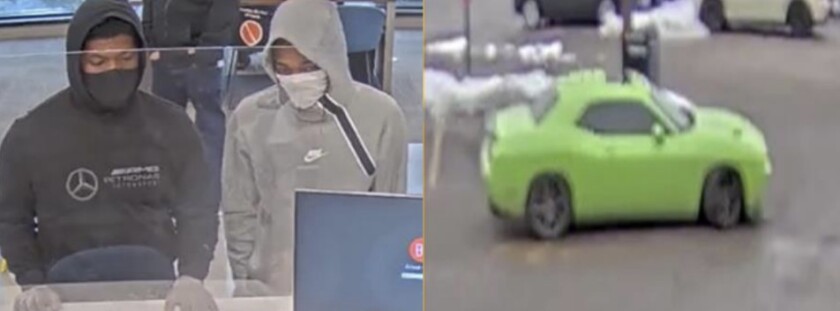 The suspects and green Dodge Challenger wanted in connection with a bank robbery Jan. 4, 2021, at the Byline Bank in Wilmette.