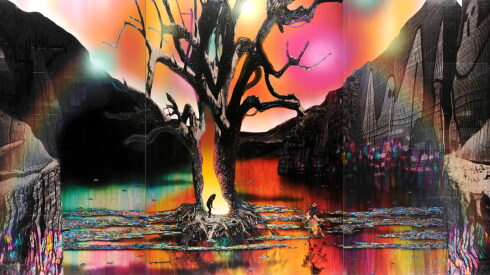 "Promised Land" by Gordon Cheung, is made with newspaper, ink and acrylic gel on salt cloth