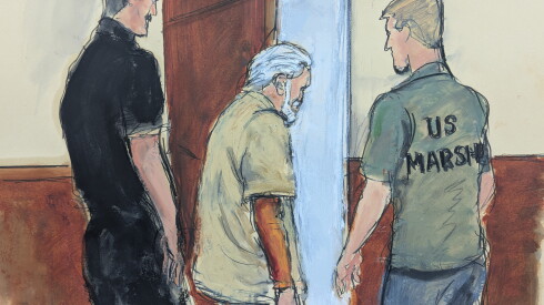 In this courtroom sketch, Ismael "El Mayo" Zambada, is escorted by U.S. marshals out of federal court after his sentencing Monday in Brooklyn.