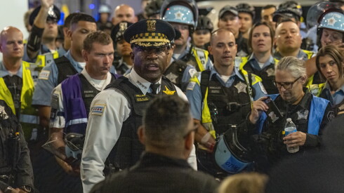 Chicago Police Supt. Larry Snelling speaks to officers after a protest that saw dozens detained on the second day of the Democratic National Convention in August 2024.