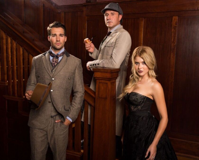 James Maslow (from left plays Dr. John Watson; David Arquette is Sherlock Holmes and Renee Olstead is Lady Irene St. John in “Sherlock,” at Chicago’s Oreiental Theatre through Nov. 29. (Photo: Brian To)