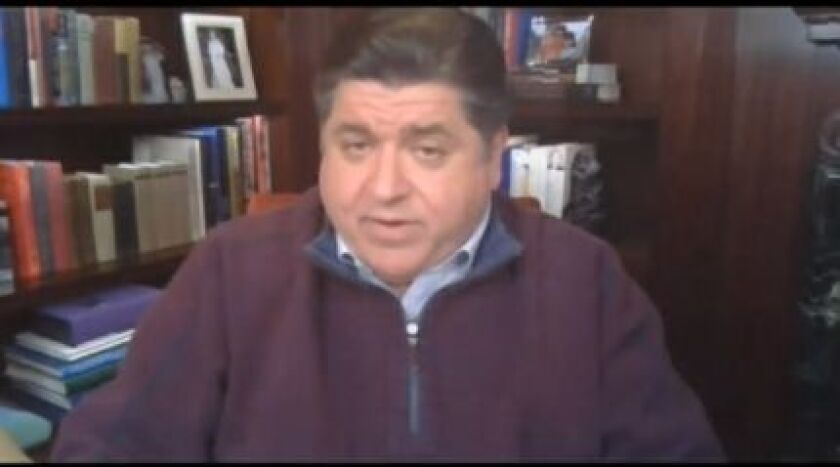 Gov. J.B. Pritzker participates in the daily coronavirus briefing on Tuesday.